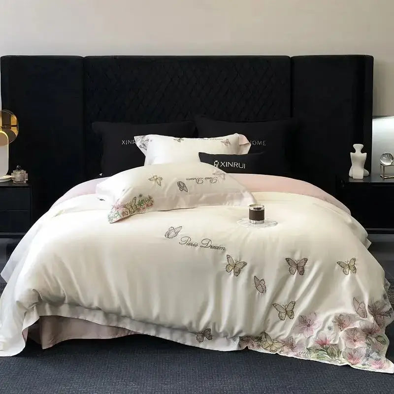 Butterfly flowers embroidery cream satin bedding set bedroom duvet cover