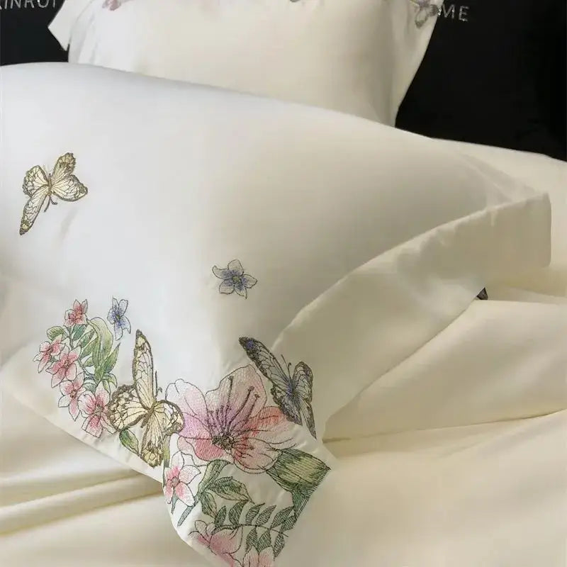 Butterfly flowers embroidery cream satin bedding set bedroom duvet cover