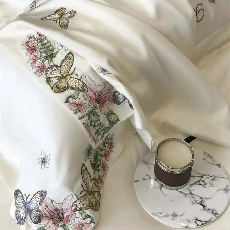 Butterfly flowers embroidery cream satin bedding set bedroom duvet cover