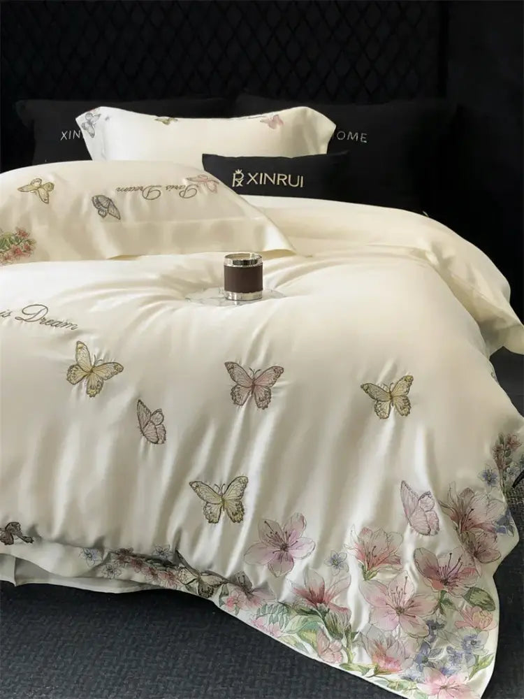 Butterfly flowers embroidery cream satin bedding set bedroom duvet cover