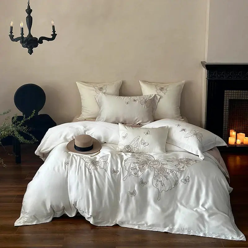 Butterfly flowers embroidery cream satin bedding set bedroom