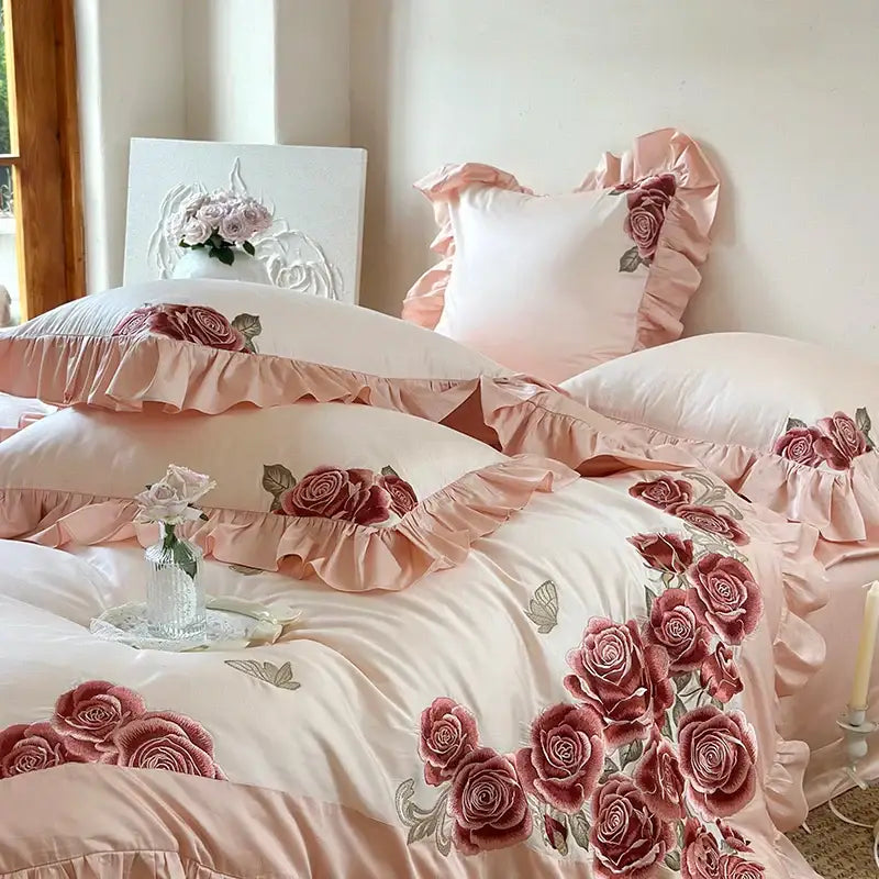 Butterfly flowers embroidery pink satin bedding set bedroom ruffles