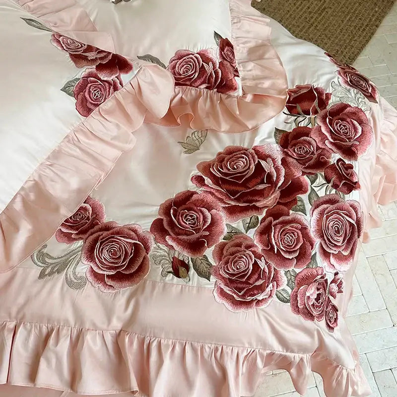 Butterfly flowers embroidery pink satin bedding set bedroom ruffles