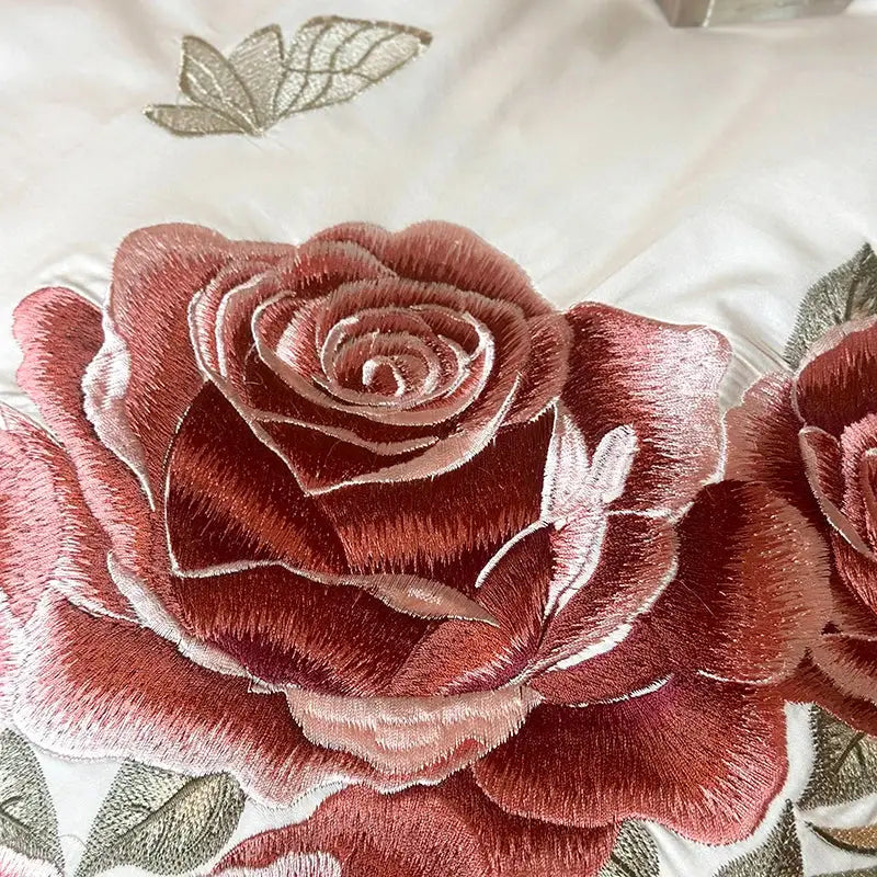 Butterfly flowers embroidery pink satin bedding set bedroom ruffles