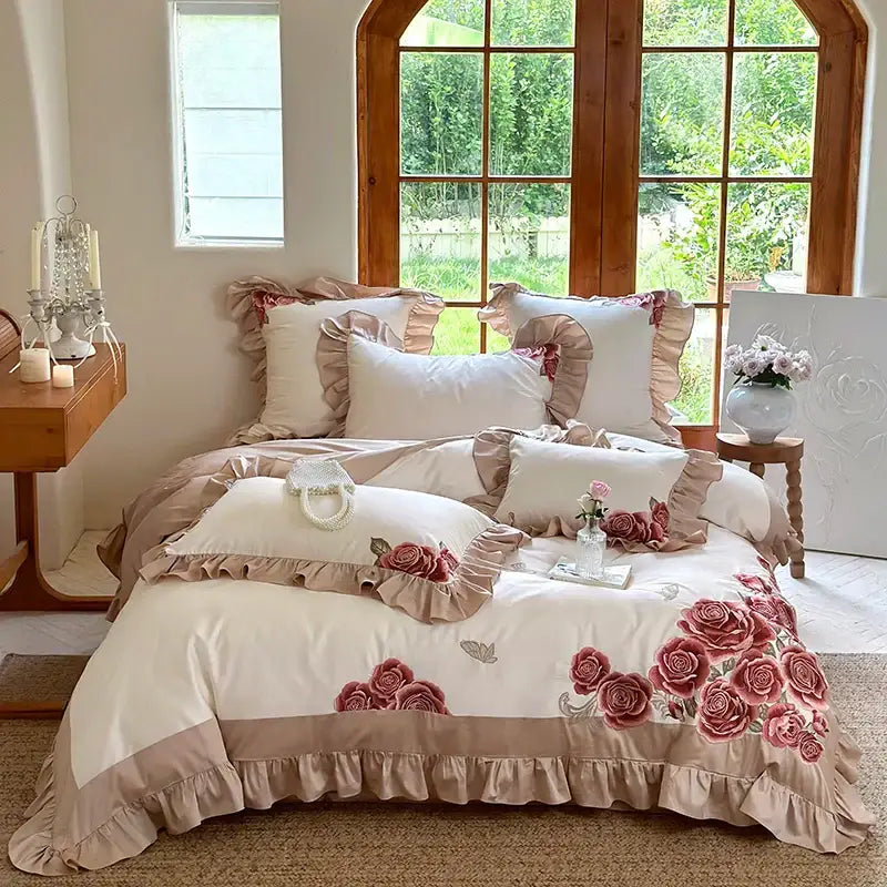 Butterfly flowers embroidery pink satin bedding set bedroom ruffles