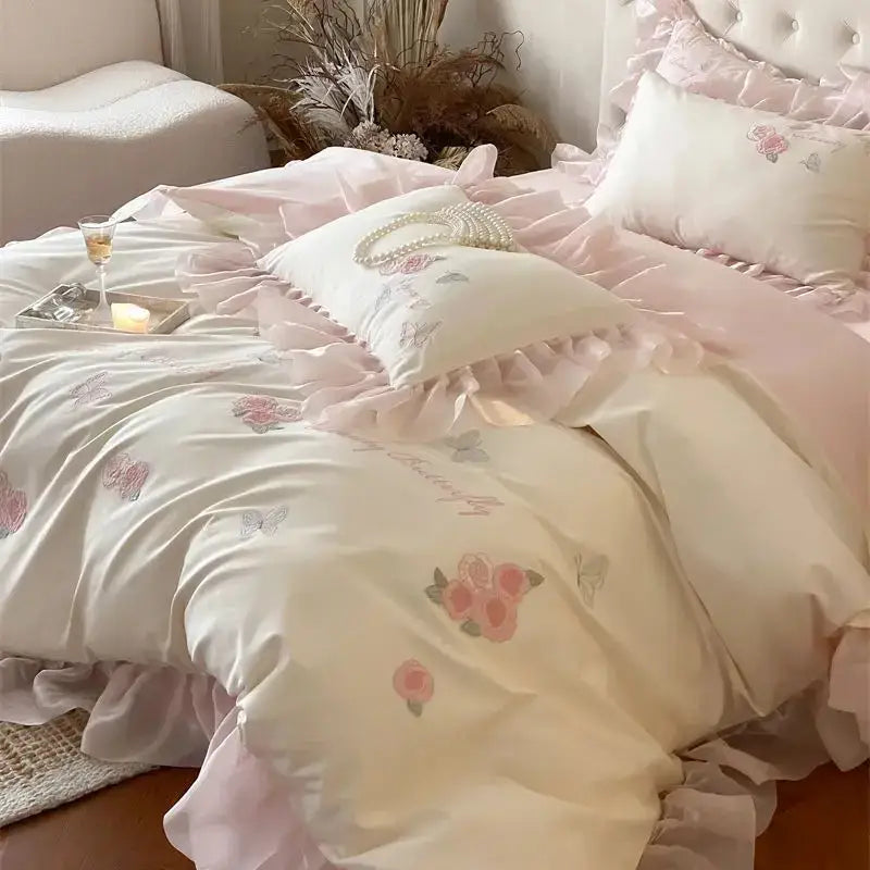 Butterfly flowers lace ruffles ivory & pink bedding set bedroom duvet