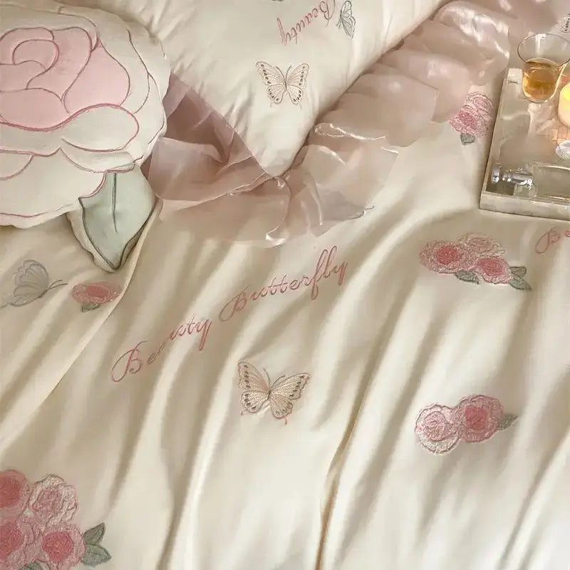 Butterfly flowers lace ruffles ivory & pink bedding set bedroom duvet
