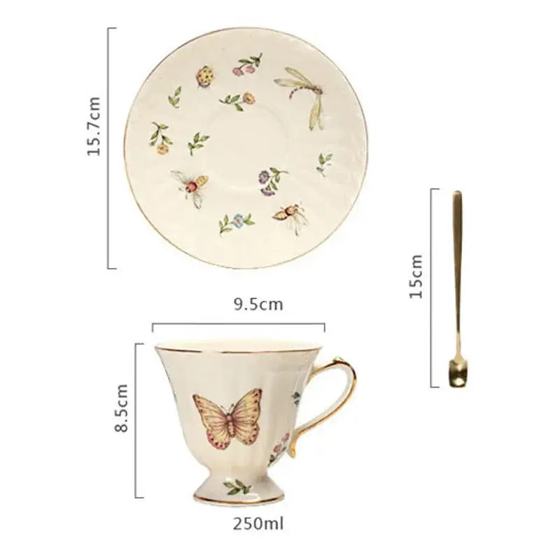 Butterfly gold ceramic cup and saucer set dining room porcelain tea set
