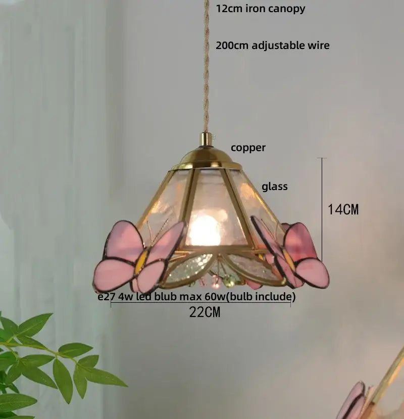 Butterfly tiffany glass pendant light dining room blue & green shade