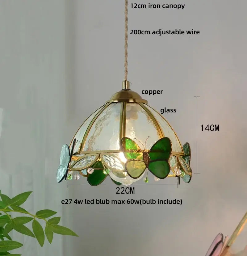 Butterfly tiffany glass pendant light dining room blue & green shade