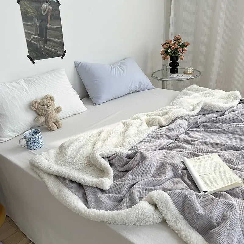 Camellia jacquard lamb wool mint & white cozy blanket bedroom quilt