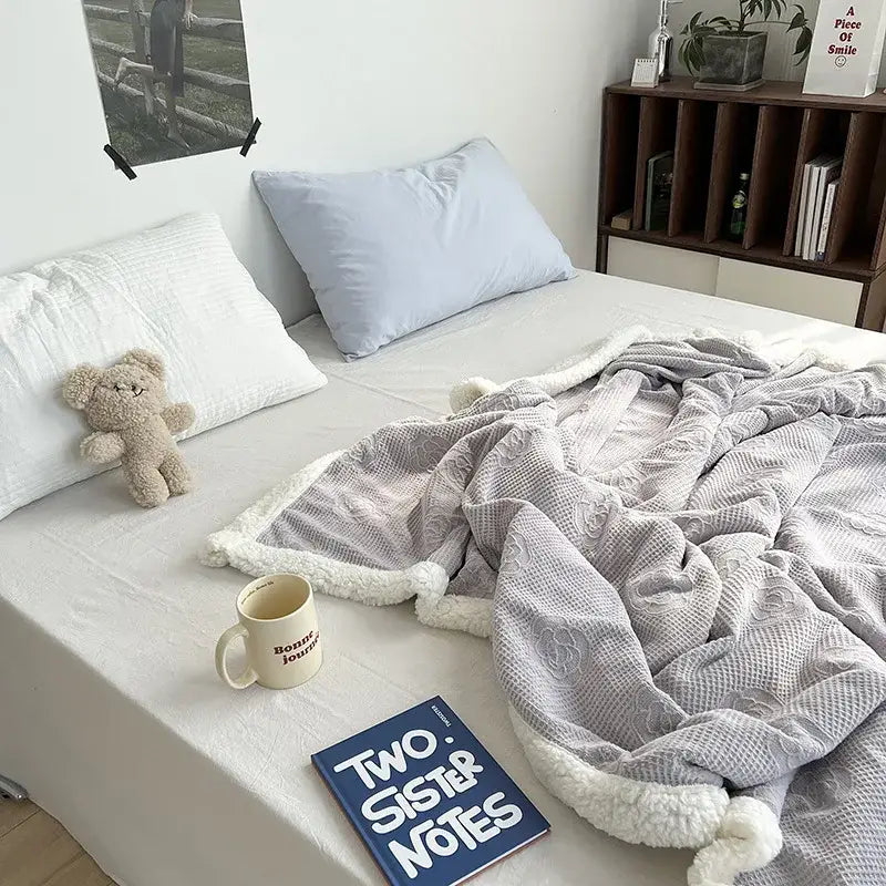 Camellia jacquard lamb wool mint & white cozy blanket bedroom quilt