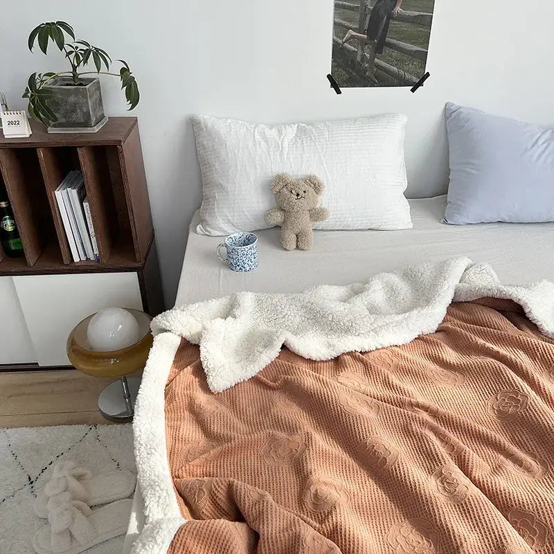 Camellia jacquard lamb wool mint & white cozy blanket bedroom quilt
