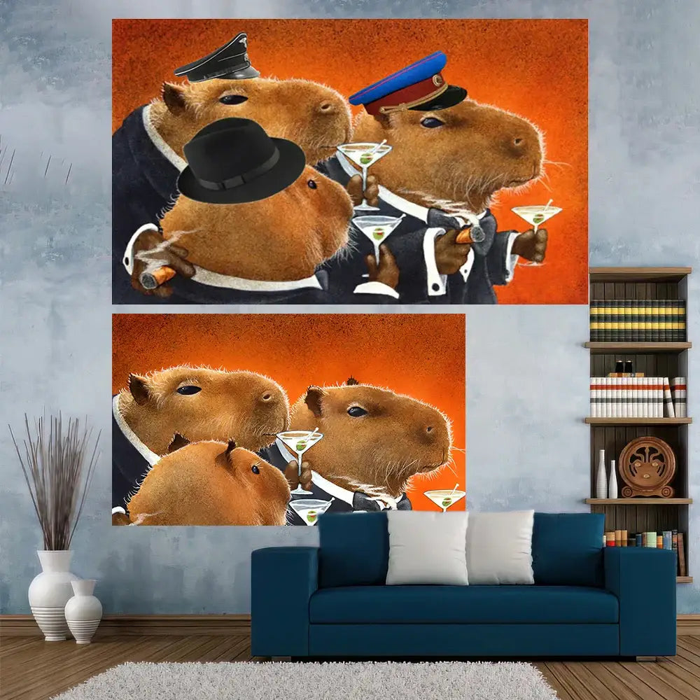 Capybara club humor orange martini tapestry bedroom wall decor