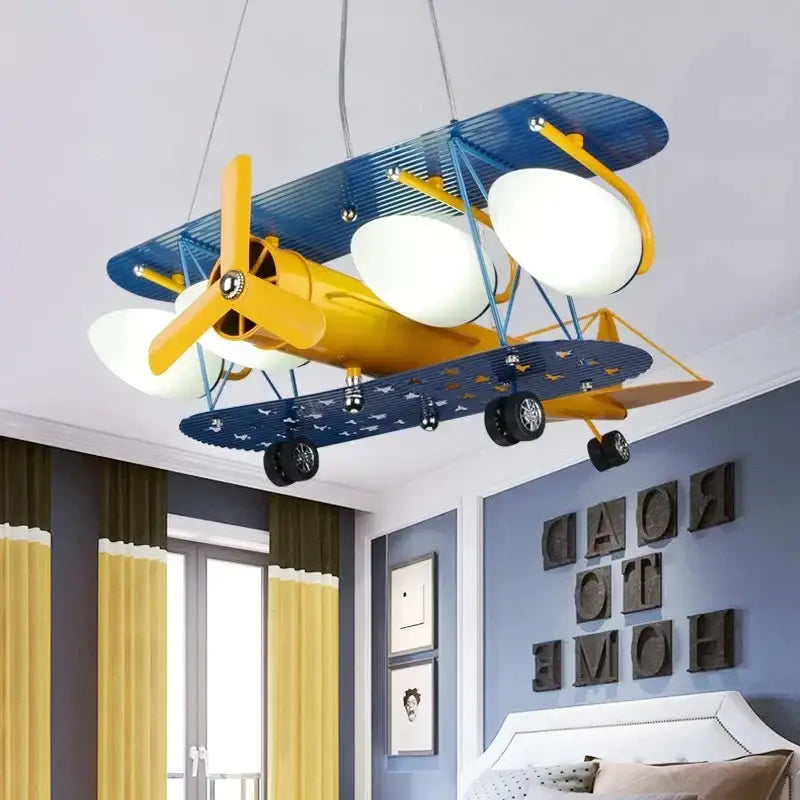 Cartoon aircraft ceiling fan blue & yellow light for bedroom