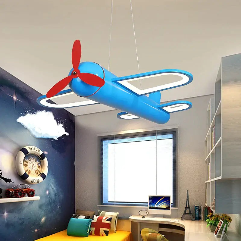 Cartoon airplane blue & red pendant light kids bedroom