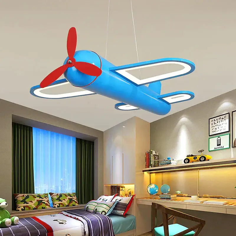 Cartoon airplane blue & red pendant light kids bedroom