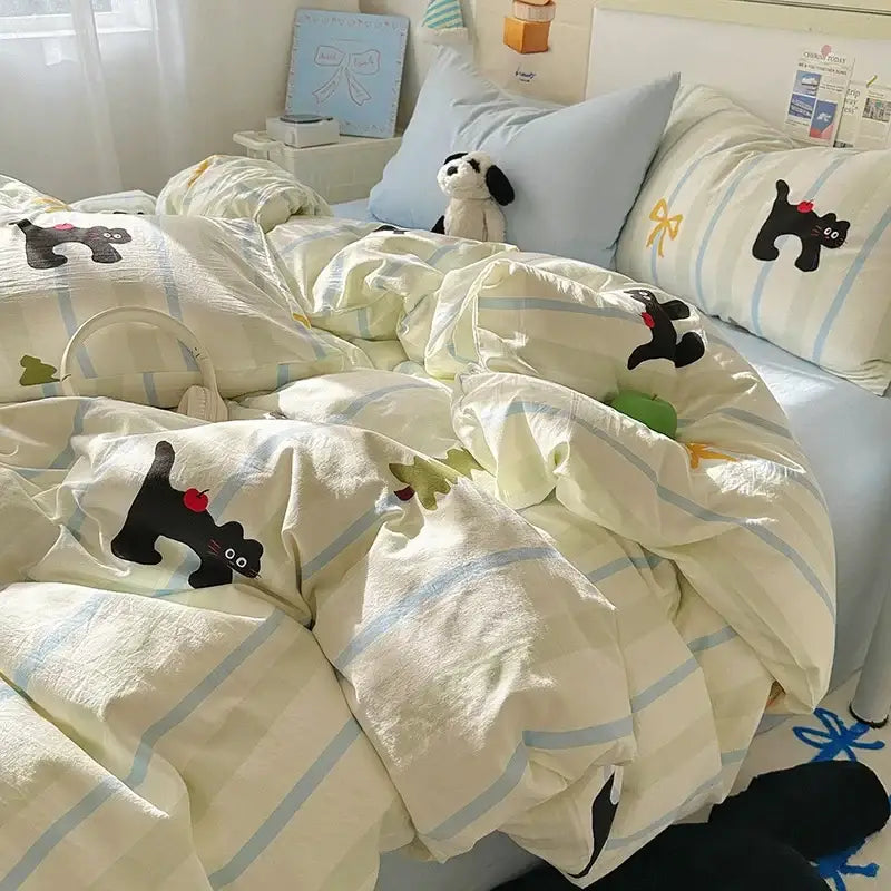 Cartoon animal cream satin quilt cover set bedroom bedding
