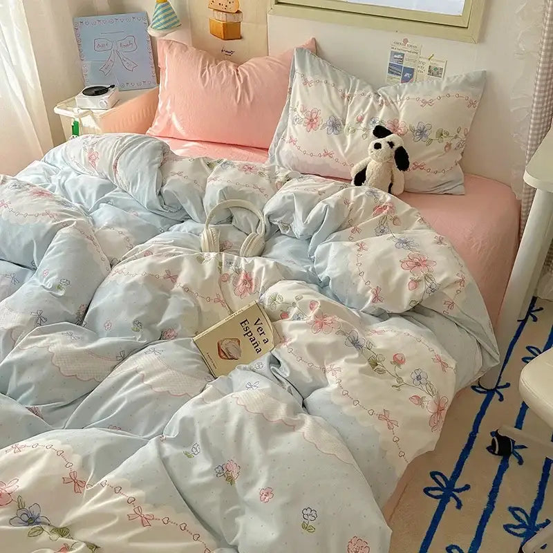 Cartoon animal cream satin quilt cover set bedroom bedding