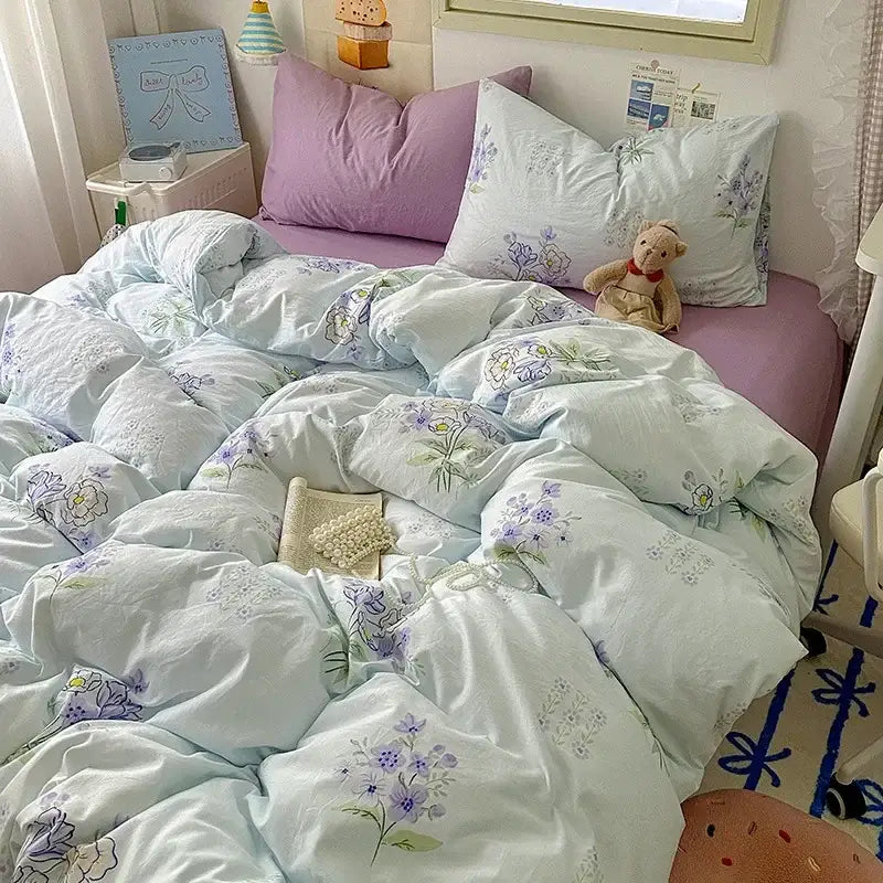 Cartoon animal cream satin quilt cover set bedroom bedding
