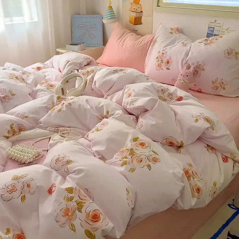Cartoon animal cream satin quilt cover set bedroom bedding