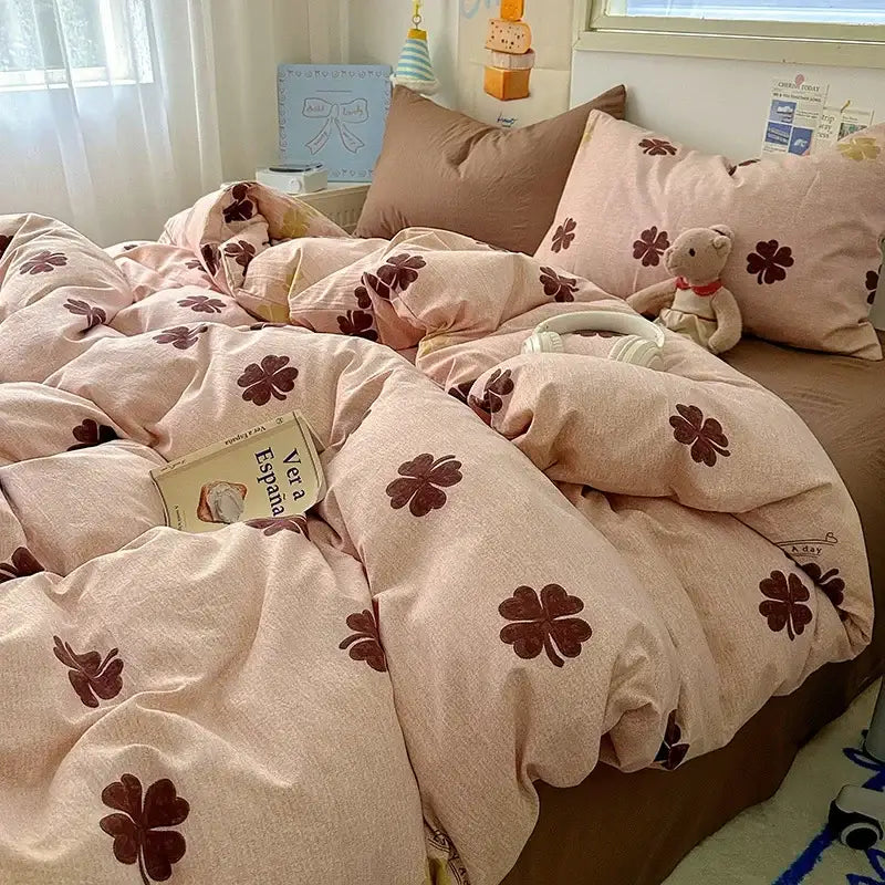 Cartoon animal cream satin quilt cover set bedroom bedding