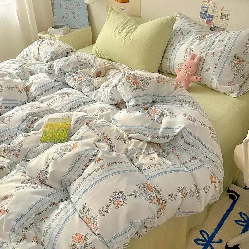 Cartoon animal cream satin quilt cover set bedroom bedding