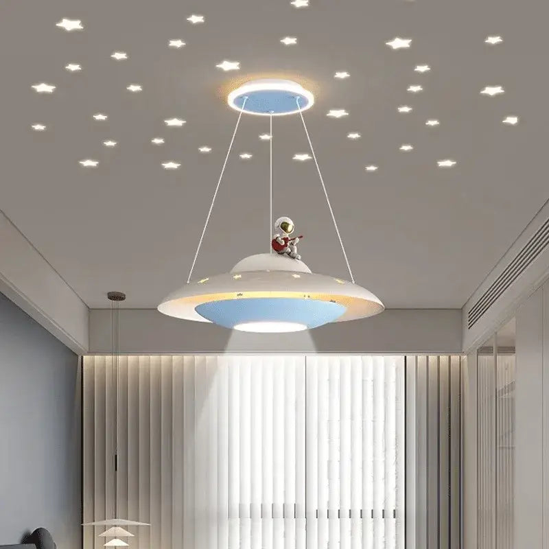 Cartoon astronaut chandelier ufo white & blue pendant light bedroom