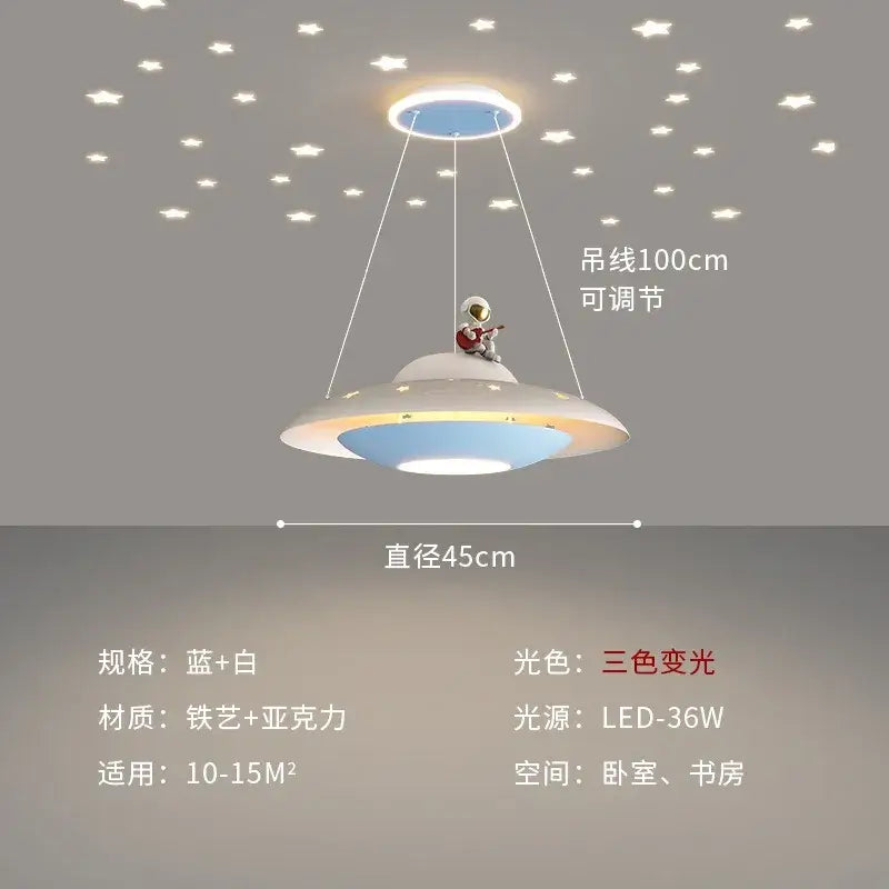 Cartoon astronaut chandelier ufo white & blue pendant light bedroom