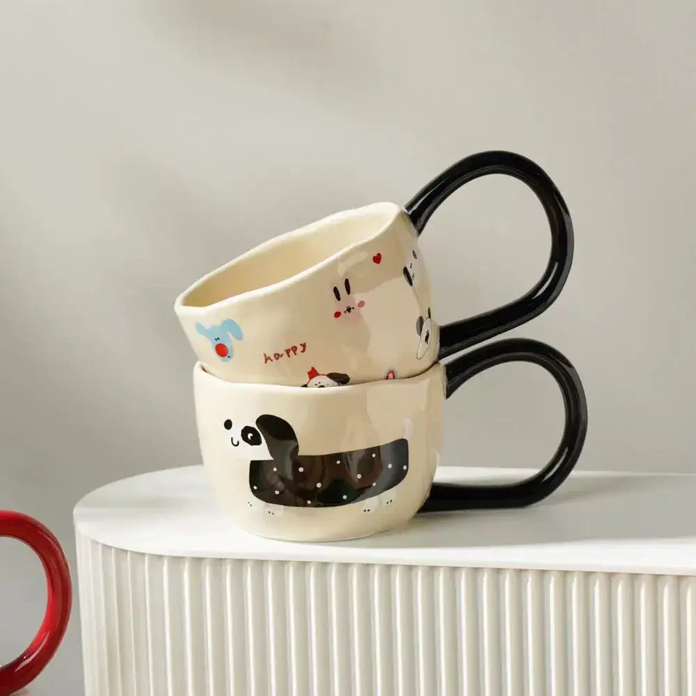 Cartoon big ear cup cream & black ceramic mug kitchen decor