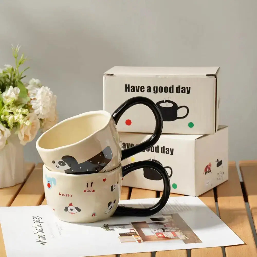 Cartoon big ear cup cream & black ceramic mug kitchen decor