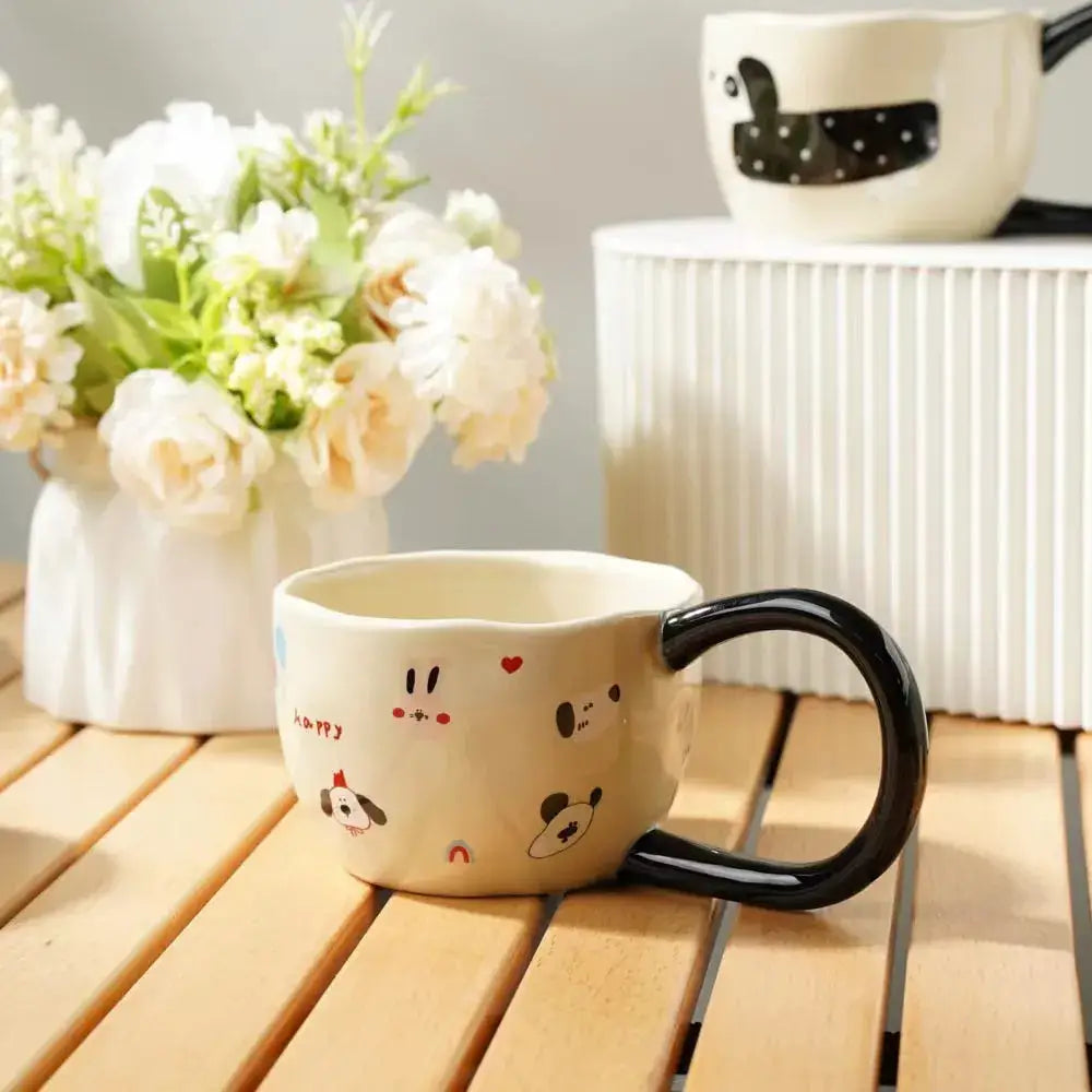 Cartoon big ear cup cream & black ceramic mug kitchen decor