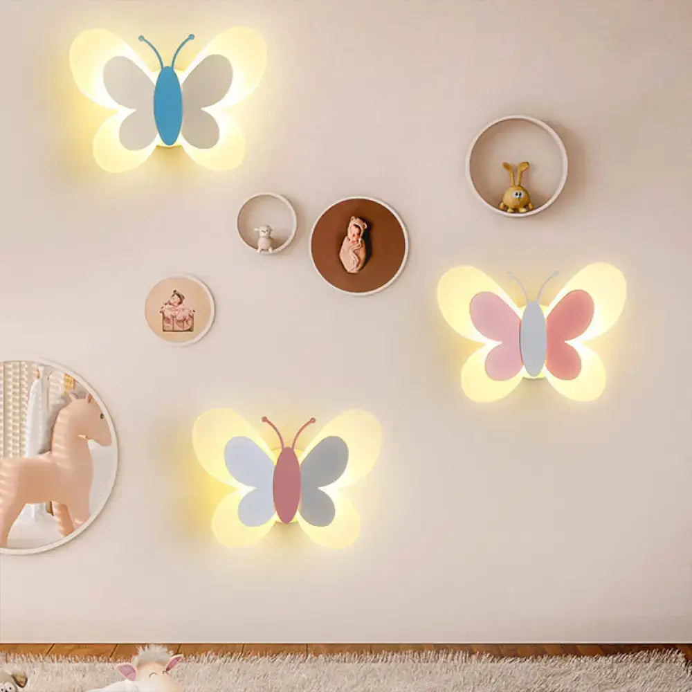 Cartoon blue & gray butterfly led wall light for kindergarten