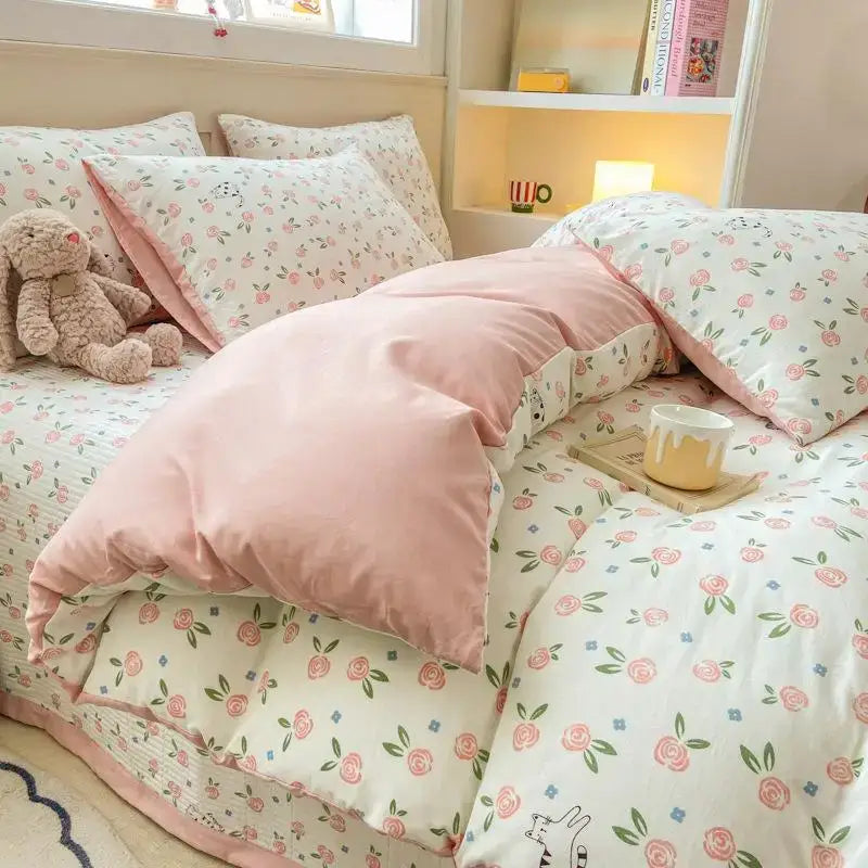 Cartoon cat pink floral cotton duvet cover set bedroom bedding