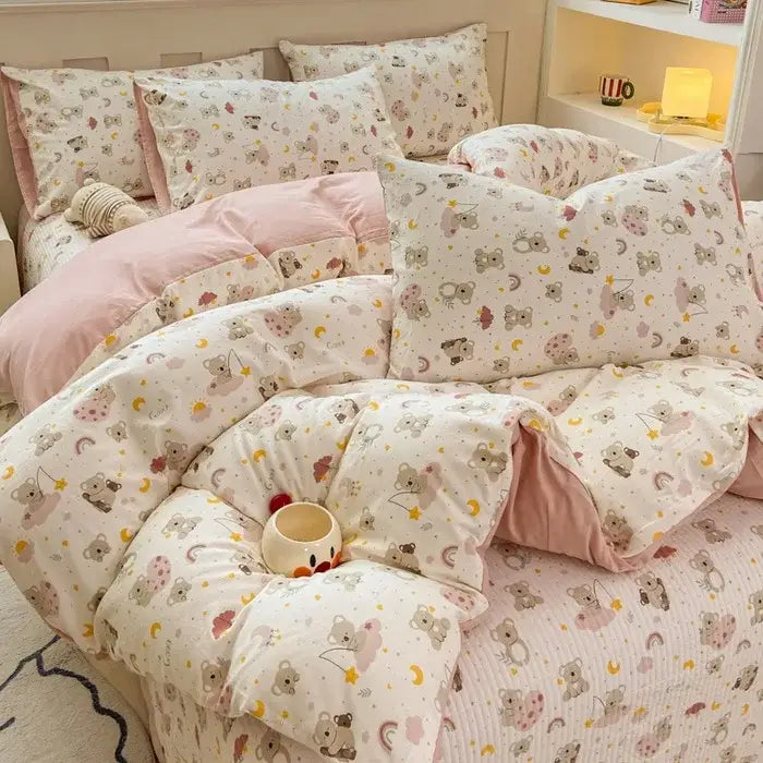 Cartoon cat pink floral cotton duvet cover set bedroom bedding