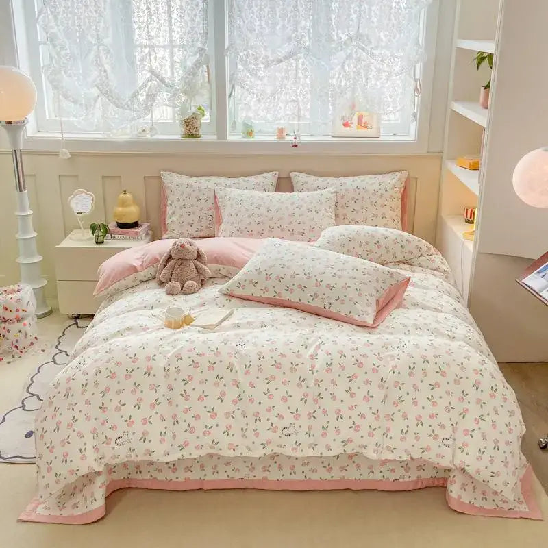 Cartoon cat pink floral cotton duvet cover set bedroom bedding