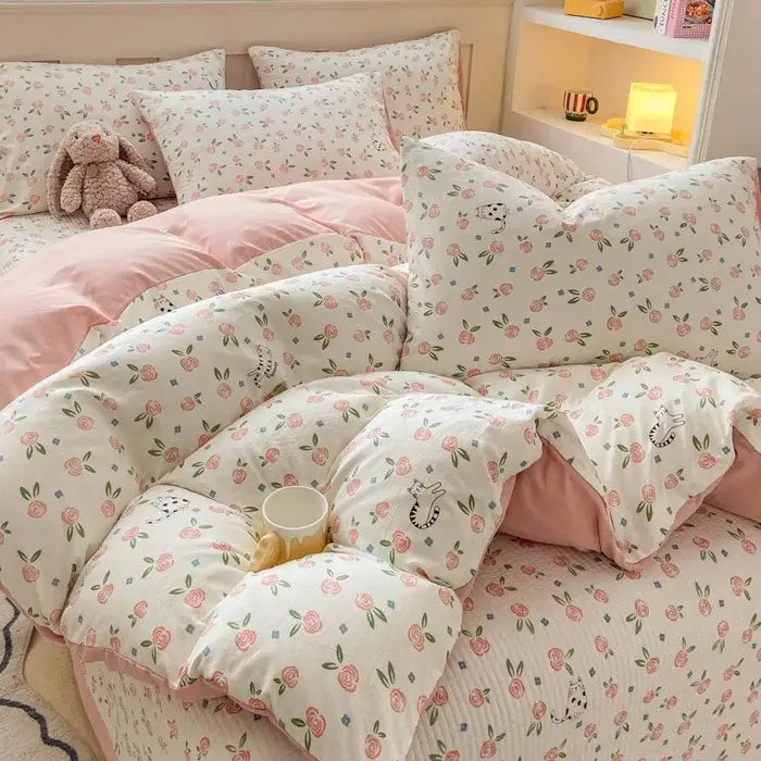 Cartoon cat pink floral cotton duvet cover set bedroom bedding