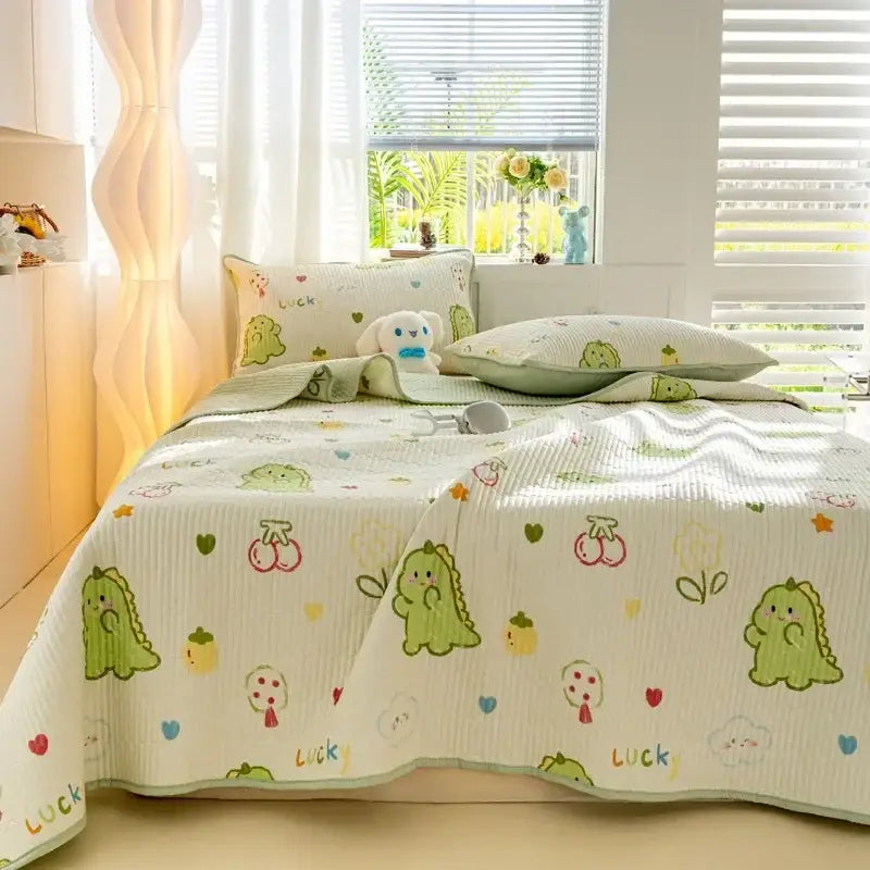 Cartoon dinosaur green quilted bed cover set bedroom cotton mat