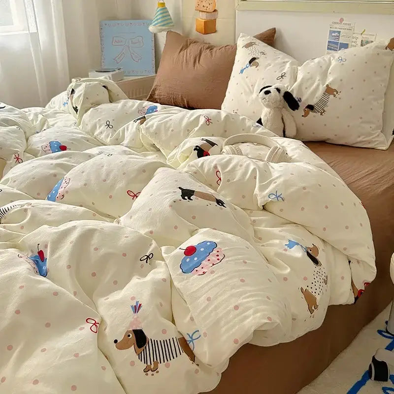 Cartoon dog and cupcake cream cotton fitted sheet set bedroom bedding