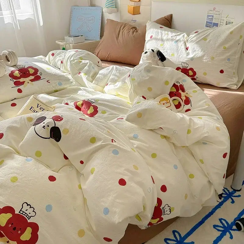 Cartoon dog and cupcake cream cotton fitted sheet set bedroom bedding