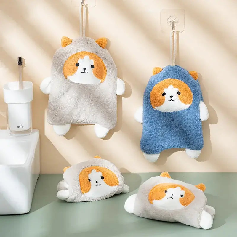Cartoon dog coral velvet hand towels gray & white bathroom glove