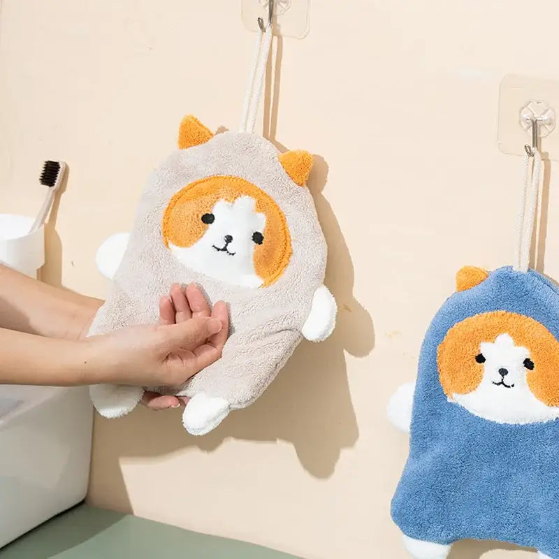 Cartoon dog coral velvet hand towels gray & white bathroom glove