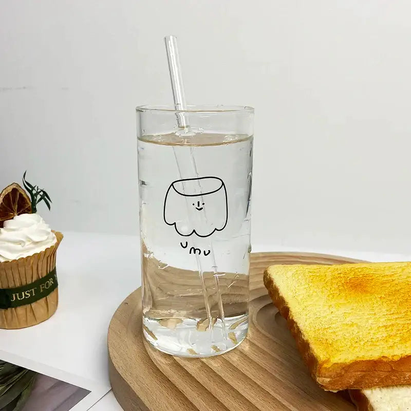 Cartoon glass cup with straw – kitchen marshmallow juice mug