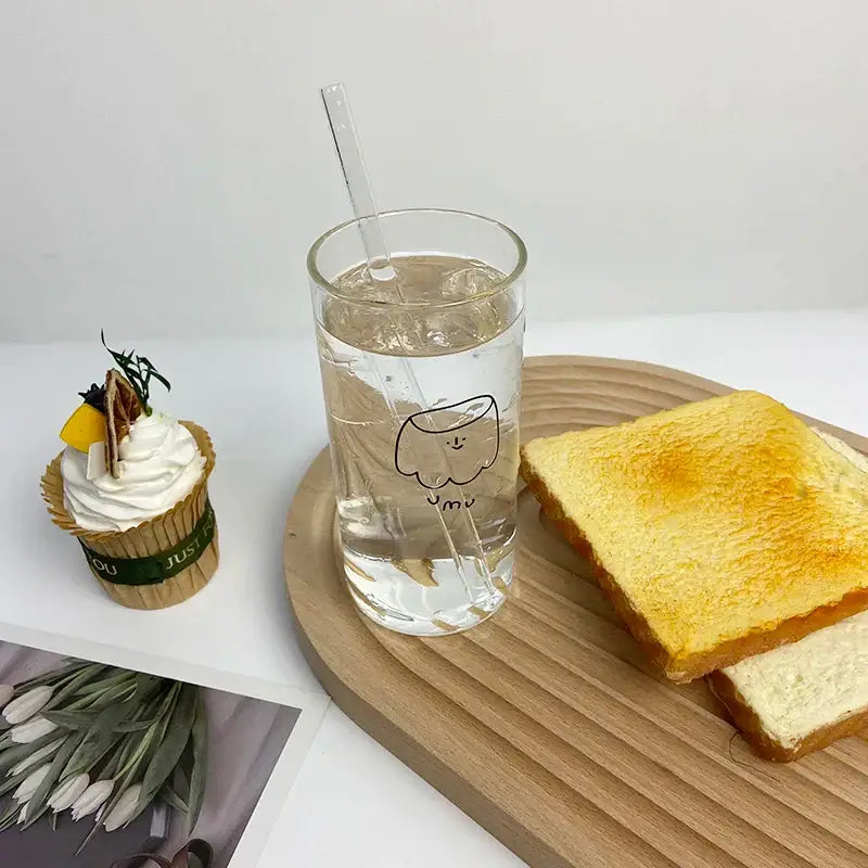 Cartoon glass cup with straw – kitchen marshmallow juice mug