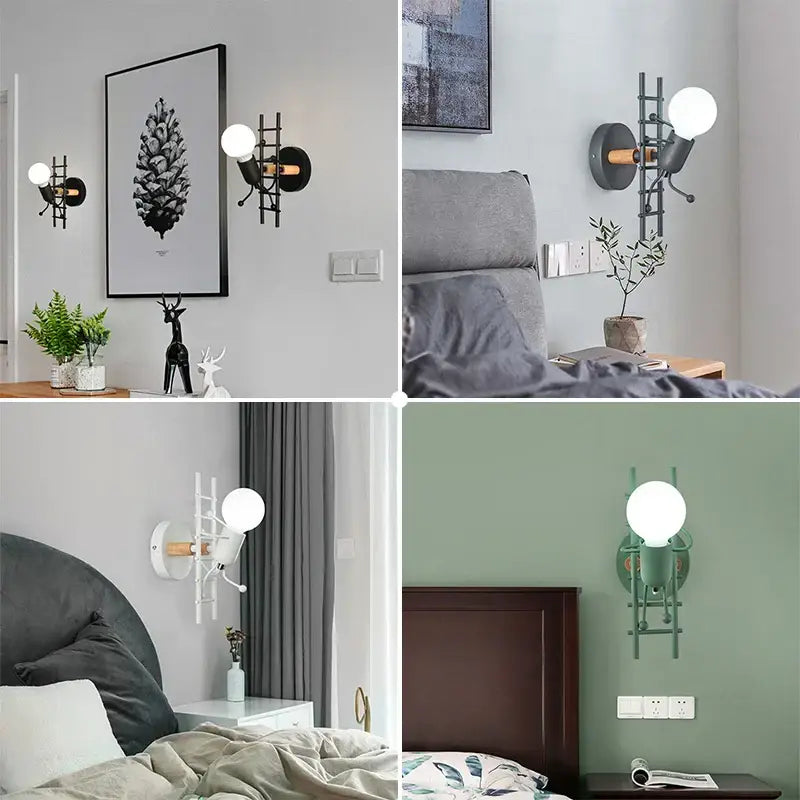 Cartoon matchstick man wall lamp black metal sconce for kids room