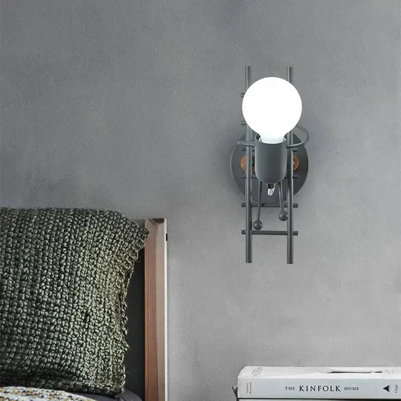 Cartoon matchstick man wall lamp black metal sconce for kids room