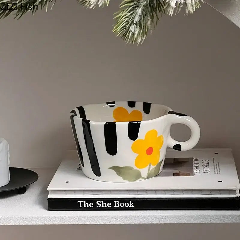 Cartoon pattern ceramic coffee mug kitchen floral tea cup