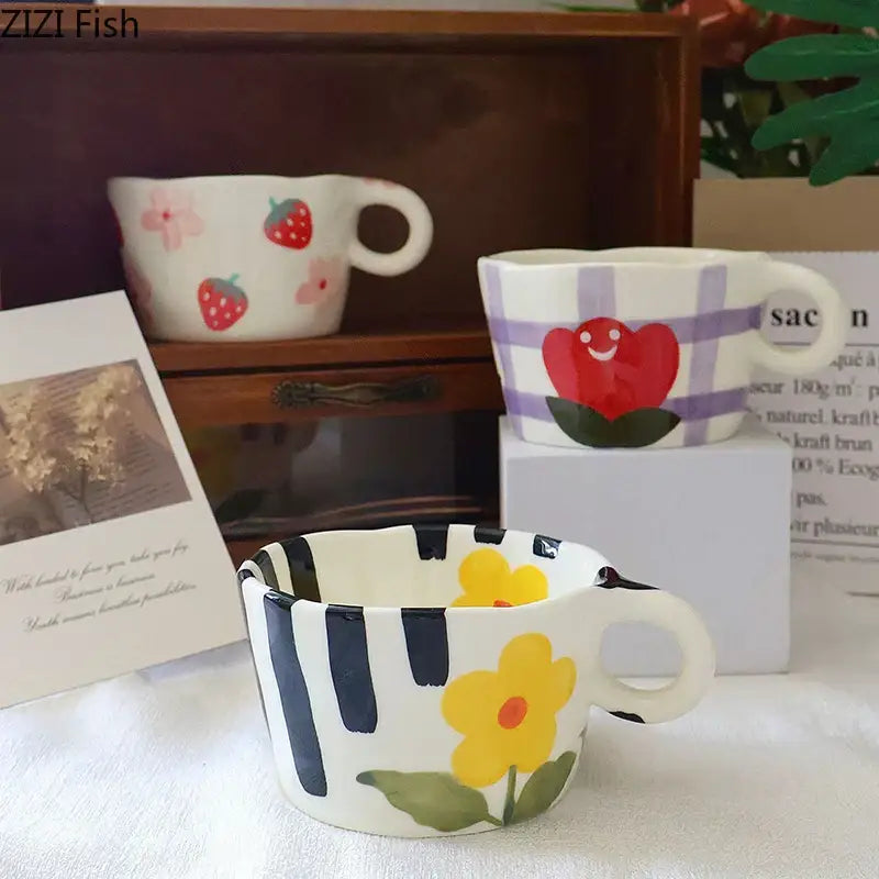 Cartoon pattern ceramic mug set – dining room white colorful cups