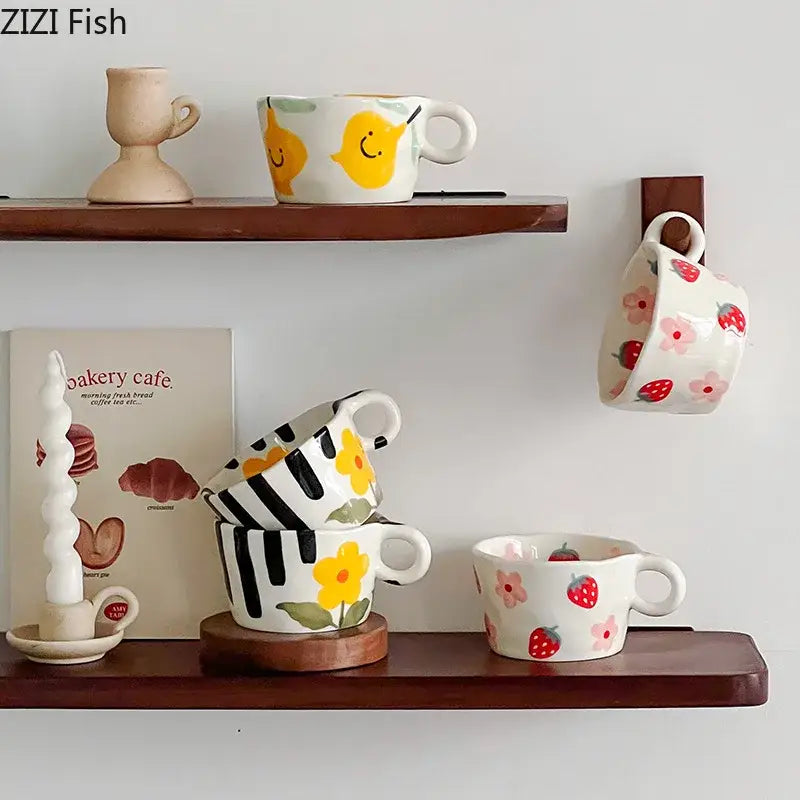 Cartoon pattern ceramic mug set – dining room white colorful cups