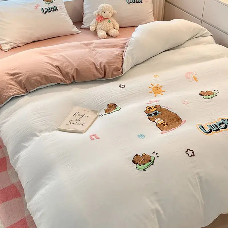 Cartoon pattern embroidered cream bedding sets bedroom decor luck